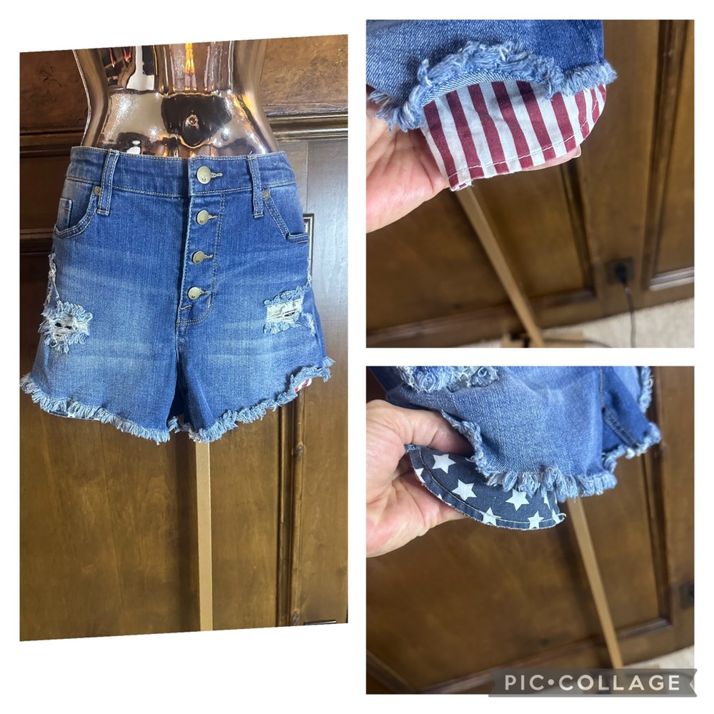 SIZE 12/31 Blue Jean Shorts Distressed Style with red, white and blue pocket